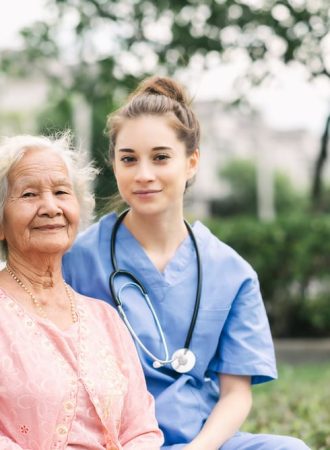 Nurse,Caregiver,Embracing,Happy,Asian,Elderly,Woman,Outdoor,In,The